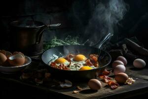 eieren en spek met een tijm takje in een frituren pan, houten achtergrond. ai generatief foto