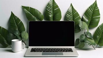 een afbeelding van laptop met blanco scherm Aan wit tafel met koffie kop en fabriek. mockup en kopiëren ruimte generatief ai foto