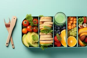 een beeld van doos met gezond voedsel en gereedschap Aan kleur achtergrond, top visie generatief ai foto