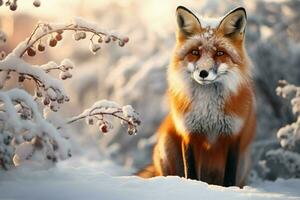 foto van een rood vos in winter. ai gegenereerd