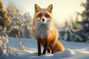 foto van een rood vos in winter. ai gegenereerd