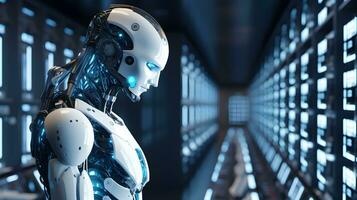 cyborg robot werkwijze automatisering gegevens analyse in server kamer ai genereren foto