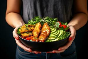 salade met gebakken vis avocado tomaten komkommers en kruiden in vrouw handen. ai gegenereerd foto