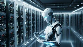 cyborg robot werkwijze automatisering gegevens analyse in server kamer ai genereren foto