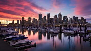 foto stad haven Bij zonsondergang ai genereren