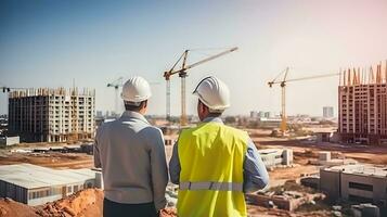 bedrijf Mens bouw ingenieurs toezien op vooruitgang van bouw project Bij bouw plaats ai genereren foto