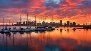 foto stad haven Bij zonsondergang ai genereren