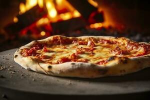 vers gebakken pizza detailopname, traditioneel hout ontslagen oven achtergrond. ai gegenereerd foto