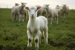 wit lam in een veld- in voorkant van andere dieren. generatief ai foto