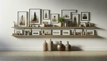 een ruim modern leven kamer met een wit muur. een lang hout drijvend plank is gemonteerd Aan de muur, Holding meerdere afbeelding kaders presentatie van verschillend individuen en landschappen. ai generatief. foto