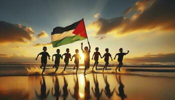 een foto van kinderen silhouetten blij rennen met de vlag van Palestina Aan een strand gedurende zonsondergang. ai gegenereerd