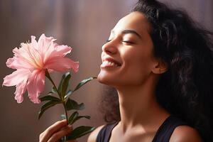 jong mooi meisje met roze bloem. ai generatief foto