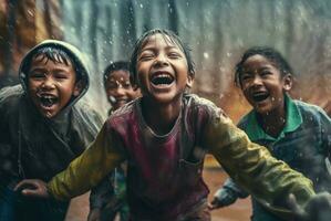 verheugd blij kinderen in regenachtig het weer. genereren ai foto