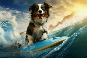 dapper hond grappig rijden surfplank. genereren ai foto