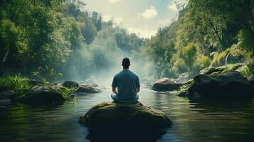Mens beoefenen opmerkzaamheid en meditatie in een vredig natuurlijk milieu foto