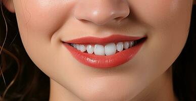 vrouw glimlach detailopname, Sneeuwwitje tanden, schoonheidsspecialiste concept, tandheelkunde - ai gegenereerd beeld foto