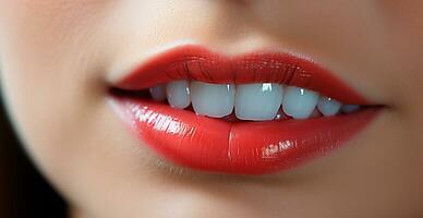 vrouw glimlach detailopname, Sneeuwwitje tanden, schoonheidsspecialiste concept, tandheelkunde - ai gegenereerd beeld foto