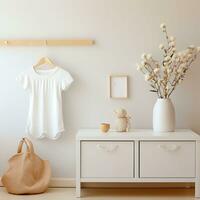 wit blanco baby t-shirt mockup in interieur. zacht beige interieur voor baby.ai generatie foto