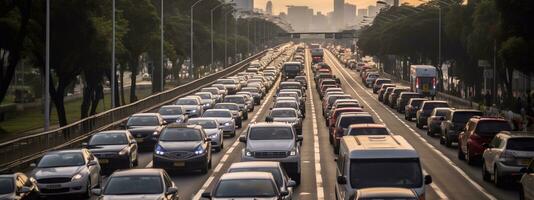 schot van verkeer jam in weg. verkeer jam Bij stormloop uur. verkeer blok Bij weg generatief ai foto