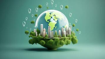 een foto van eco stad concept aarde wereldbol met groen stadsgezicht en licht lamp generatief ai