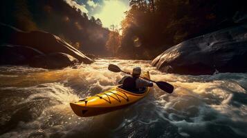 kayaker peddelen turbulent wildwater stroomversnellingen Aan een berg rivier. generatief ai. foto