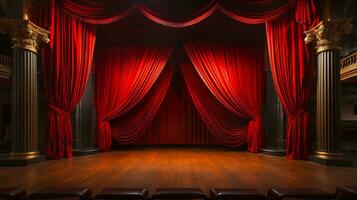 dramatisch lit glanzend rood fluweel theater gordijnen en houten stadium vloer. generatief ai. foto