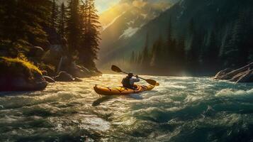 kayaker peddelen turbulent wildwater stroomversnellingen Aan een berg rivier. generatief ai. foto