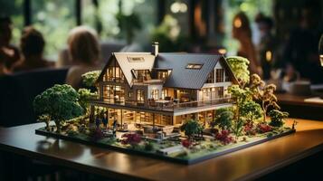 klein schaal model- van een hedendaags huis ontwerp Aan de tafel in een echt landgoed kantoor. generatief ai. foto