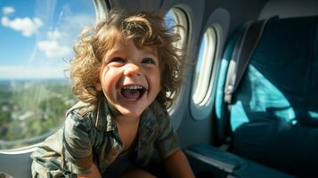 jong jongen kind genieten van een vliegtuig vlucht. generatief ai. foto