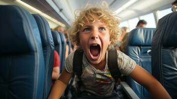 woedend kind veroorzaken verminking Aan een vliegtuig lastig vallen iedereen Aan bord. generatief ai. foto