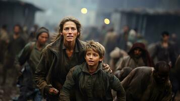 bang moeder en jong kind zoon rennen in de straten van hun oorlog verwoest stad. generatief ai. foto