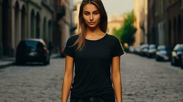 vrouw poseren en vervelend zwart tee overhemd mockup plaatsing Aan de straat. overhemd mockup sjabloon foto