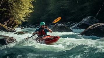 kayaker peddelen turbulent wildwater stroomversnellingen Aan een berg rivier. generatief ai. foto