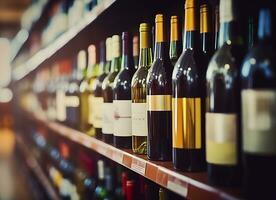 abstract vervagen wijn flessen Aan likeur alcohol schappen in supermarkt op te slaan achtergrond. generatief ai foto