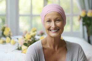 portret van glimlachen volwassen vrouw met roze hoofddoek Bij huis foto