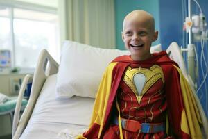 weinig jongen gekleed Leuk vinden een superheld in ziekenhuis kamer. gelukkig kind met held kostuum foto