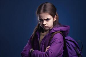 portret van een verdrietig schoolmeisje met rugzak Aan blauw achtergrond. foto