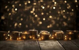 Kerstmis bokeh achtergrond, houten achtergrond met bokeh, schitteren sterren, rustiek hout, en backdrop voor Product presentatie. ai generatief foto