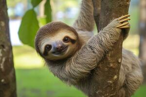 baby luiaard in boom in costa rica. generatief ai foto