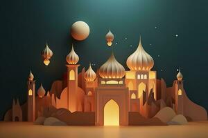 illustratie van eid mubarak nacht met licht van een lamp, papier stijl, luxe gelukkig eid achtergrond, ai generatief foto
