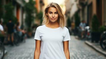 vrouw poseren en vervelend wit tee overhemd mockup plaatsing Aan de straat. overhemd mockup sjabloon foto