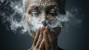 vrouw met rook komt eraan uit van haar mond, concept van krijgen ontdoen van slecht gebruiken, stoppen roken foto