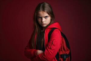 portret van een boos meisje met een school- zak Aan rood achtergrond foto