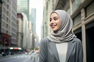 portret van jong moslim vrouw vervelend hijab in de stad foto