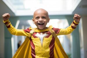 portret van een schattig weinig jongen gekleed net zo superheld in de ziekenhuis foto