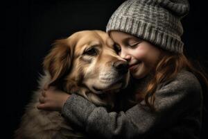 schattig weinig meisje met gouden retriever hond Aan een zwart achtergrond foto