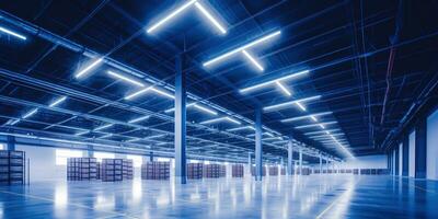 generatief ai, magazijn interieur met LED verlichting, industrie gebouw, distributie kleinhandel centrum, een deel van opslagruimte en Verzending systeem.. foto