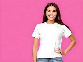 jong vrouw vervelend blanco wit t-shirt mockup afdrukken presentatie model, ai gegenereerd foto