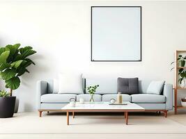 plein glas koffie tafel in de buurt sofa en tegen venster en muur met plein blanco mockup poster kader. Scandinavisch interieur ontwerp van modern leven kamer, ai genereren foto