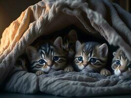 een groep van aanbiddelijk kittens geknuffeld omhoog samen in een knus deken fort, ai genereren foto